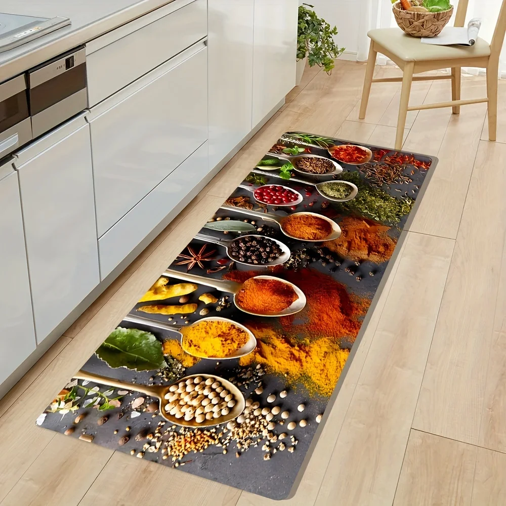 Kitchen Runner Rug, Spices Pattern Non-Slip Absorbent Floor Mat, Washable Waterproof Carpet for Kitchen Sink, Home Dining Room