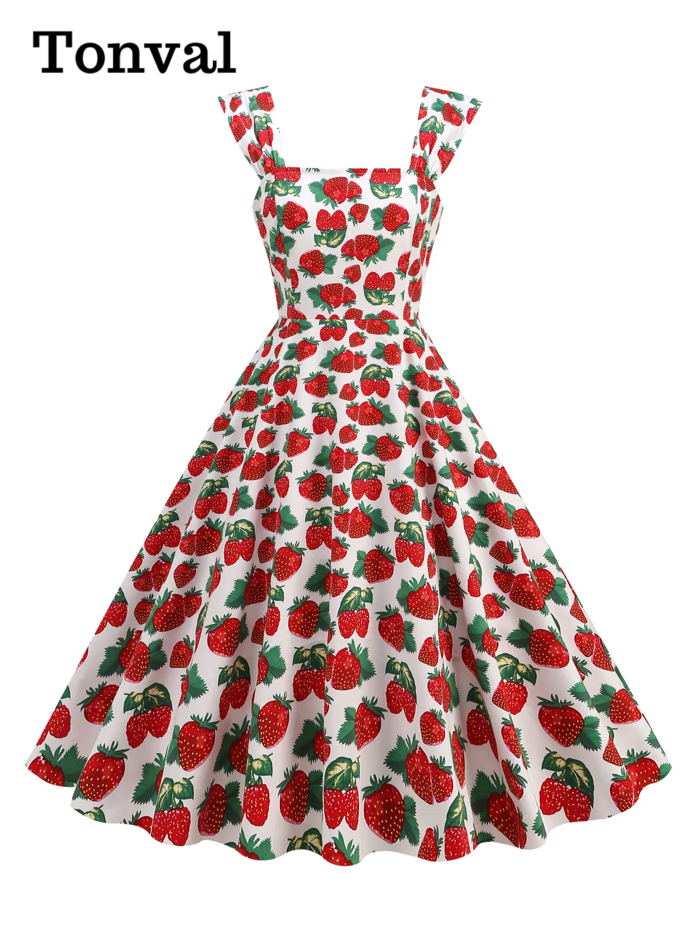 Tonval Square Neck Floral 50s Pinup Women Cotton Dress 2024 Sleeveless Vintage Party Wear Flare Long Dresses