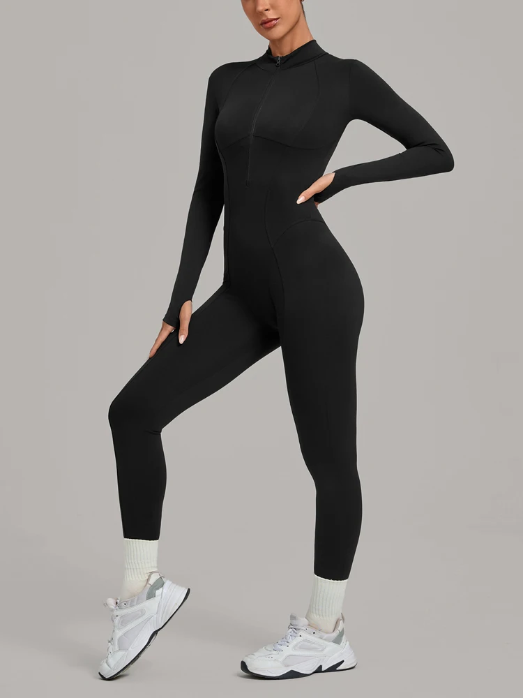 VITALINOVO Long Sleeve Workout Jumpsuit for Women Zip Up Full Body Romper Butt Lifting Contour Seams Yoga Activewear One Piece