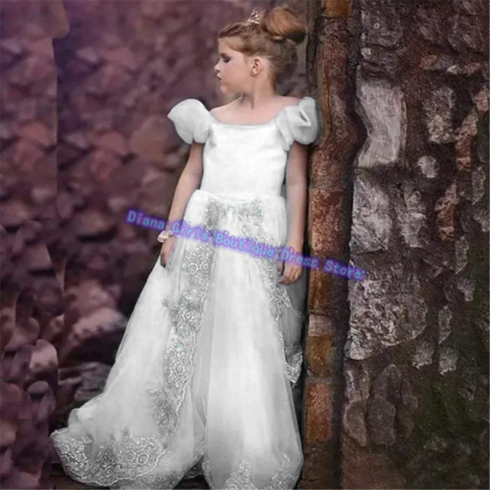 Customized Blue A-line Flower Girls Dress for Wedding Dresses Tulle Party Kids Girls Birthday Gift First Communion Gowns