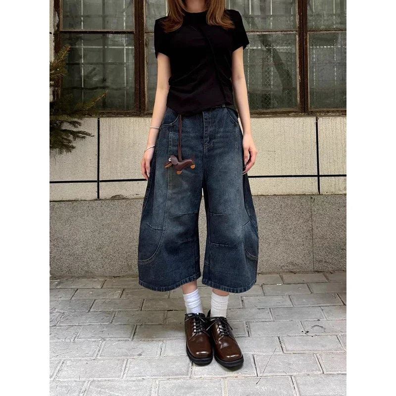 

Vintage Y2k Baggy Blue Jeans Women Summer High Waist American Streetwear Wide Leg Knee Length Pants Casual Loose Denim Shorts