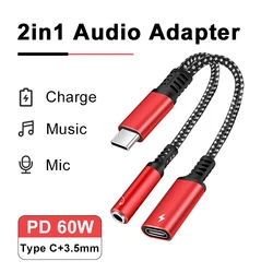 PD 60W 2 in 1 Audio Adapter Type C To 3.5mm Headphone Jack Adapter Fast Charger For iPhone 16 Pro Max Samsung S24 Huawei ipad