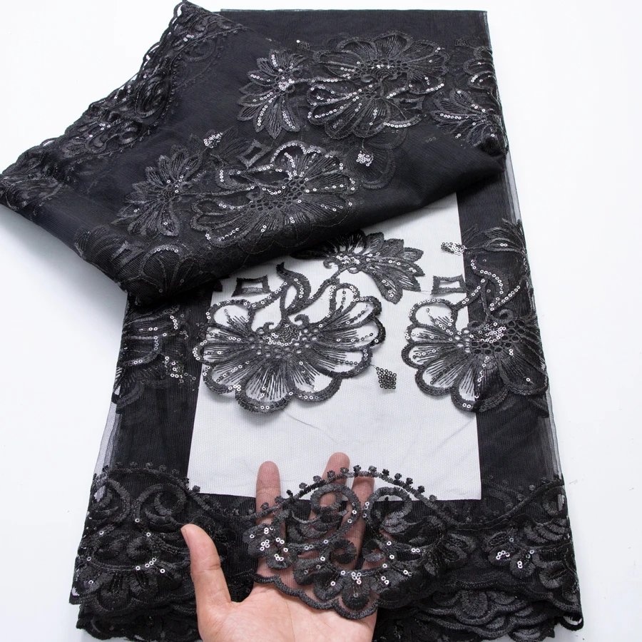 Black African Tulle Lace Fabric 2026 High Quality Nigerian Luxury Sequins Mesh Lace Fabric 5 Yard Wedding Dress for Women Sewing