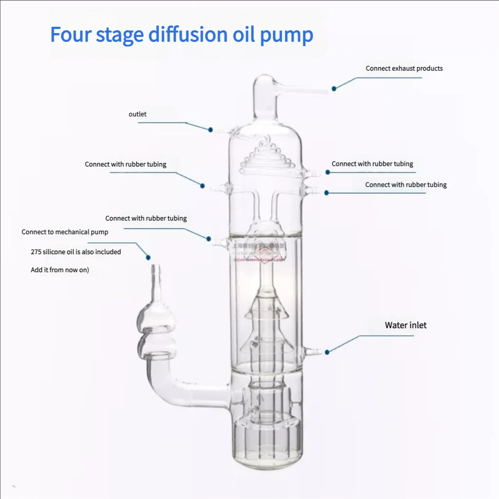 Hoogvacuümverspreidingspomp, viertraps olieverspreidingspomp, laboratoriumglaswerk, borosilicaatglas