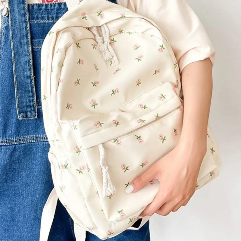 Floral White School Bag For Teenage Girls Korean Student Backpack Cute Women's Backpack Brand Book Bag Nylon Rucksack Decoration