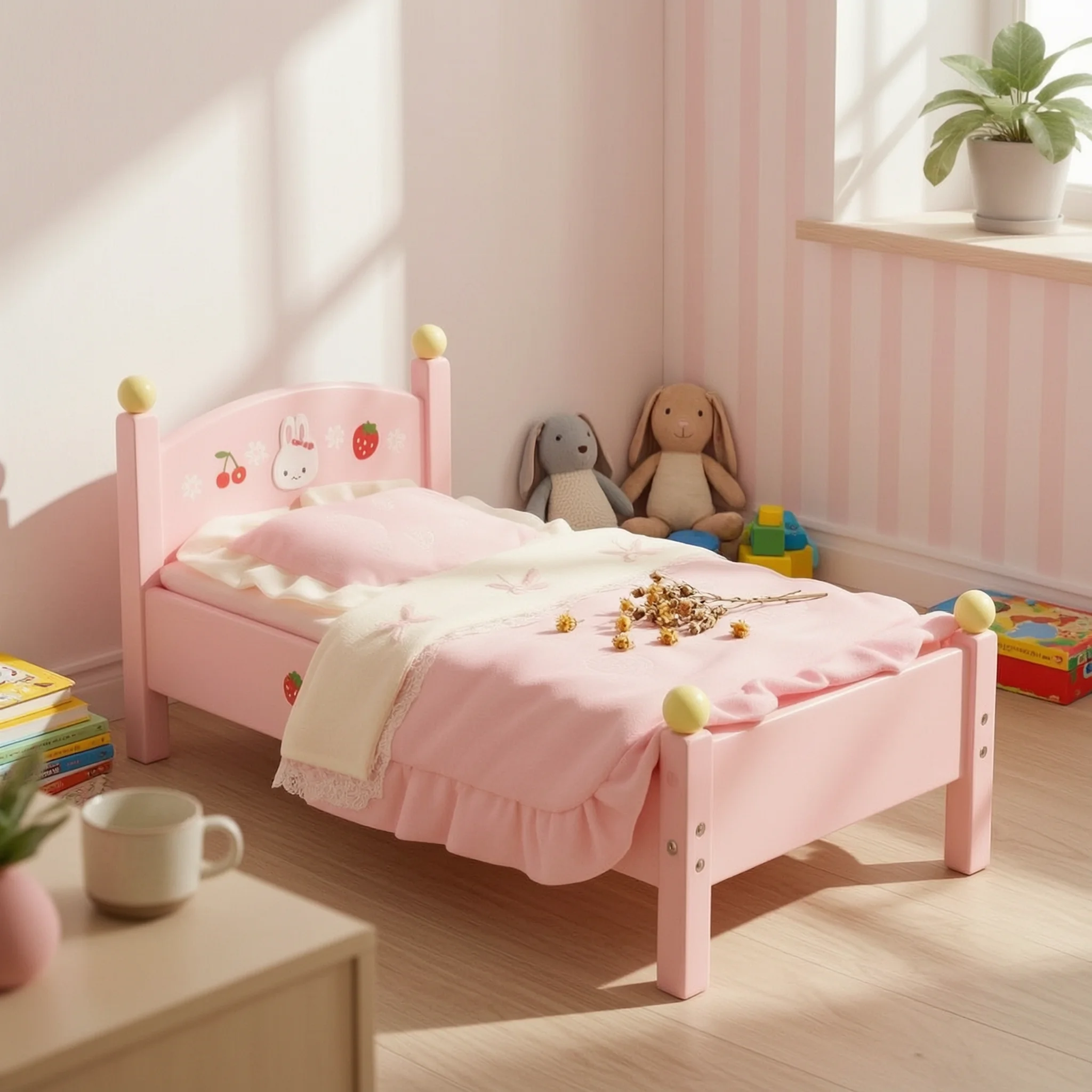木製ドールベッド-子供用無垢材スラット付きドールベッド