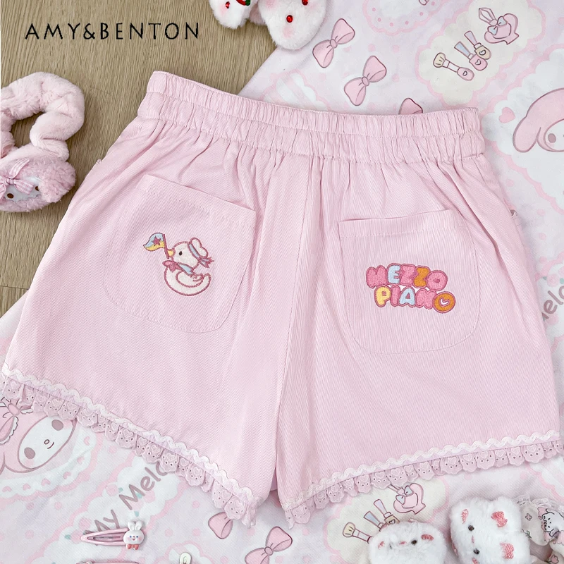 الحلو فتاة لطيف الكرتون المطرزة السراويل النساء اليابانية مرونة الخصر كل مباراة ضئيلة واسعة الساق السراويل الصيف Kawaii الوردي السراويل #2