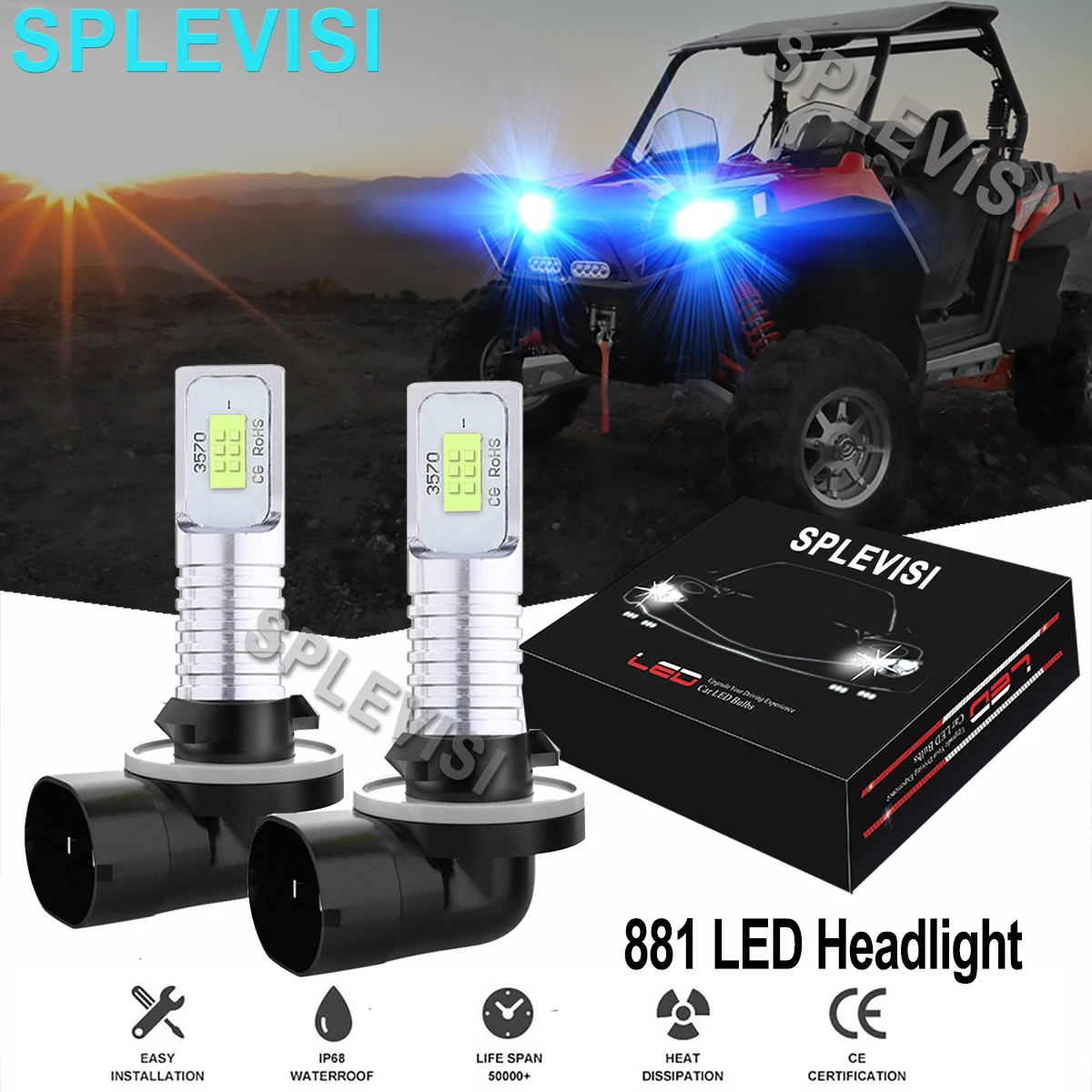 

2x 70W 8000K Ice Blue LED Headlight Bulbs For Polaris Ranger 700 RZR 500 800 900 ATV