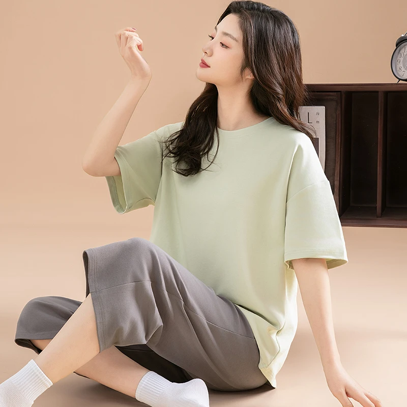 Women 100% Cotton Pajama Set Short Sleeve & Capri Pants Soft Loose O‑Neck Loungewear Sleepwear Homewear