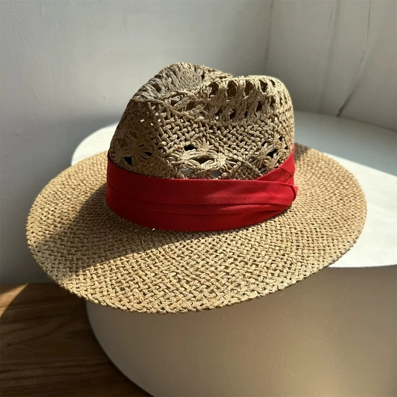 Handcrafted Straw Hat, Ladies' Dress Hat, French-style Sun Hat, Beach Holiday Cap, Openwork Woven Flat-brimmed Sun Cap