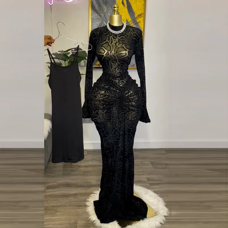 Neue 2025 Frauen Luxus Gestapelt Mesh Durchsichtig Langes Kleid 2-teiliges Set Outfit Herbst Trend Sexy Abend Party Geburtstag Kleider