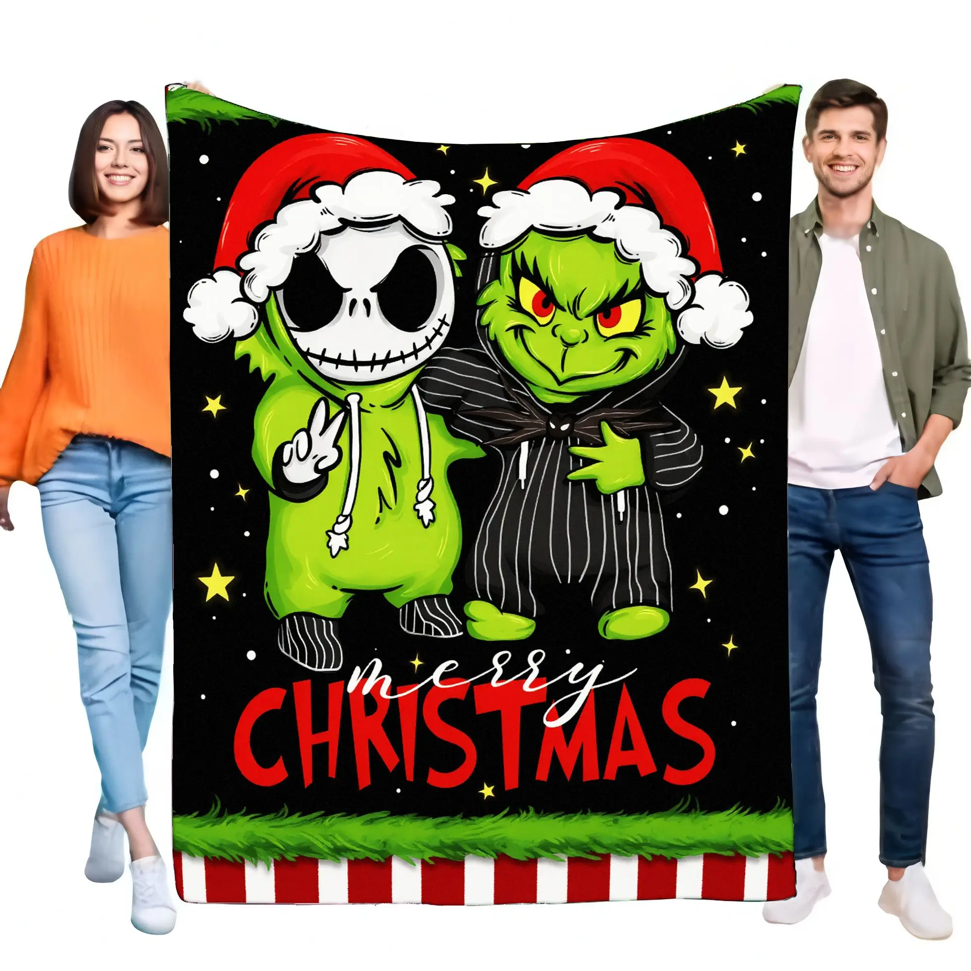 Kuschelige weiche Überwurfdecke mit Weihnachtsmotiv für die Inneneinrichtung, mit Jack Skellington und Grinch, perfektes Geschenk für die Urlaubssaison,