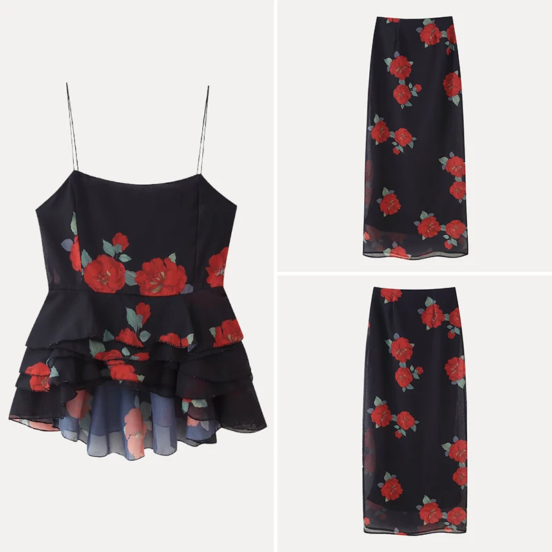 

Z Women's Floral Print High Waist Layered Top And Long Skirt Set Summer 2025 Polyester Fiber ort Sve round Ne