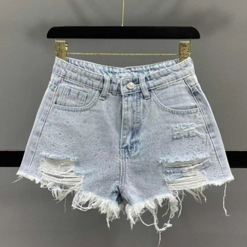 

Summer Wide Women's High Waist Denim Shorts Korean Style Elegant Outfits XL Hot Ripped With Rhinestones Female Short Jeans Pants