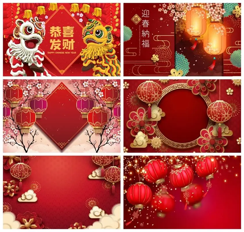 Laeacco Chinese Classical Theme Spring Festival Backdrop Red Lantern Flowers Kids Adult New Year Portrait Photography Background