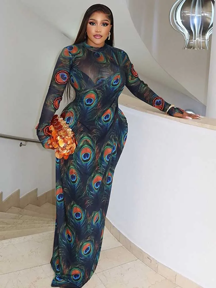 Vestidos de manga larga elegante cintura delgada transparente Sexy vestido verde oscuro mujer ropa de fiesta de noche vestidos ajustados Maxi