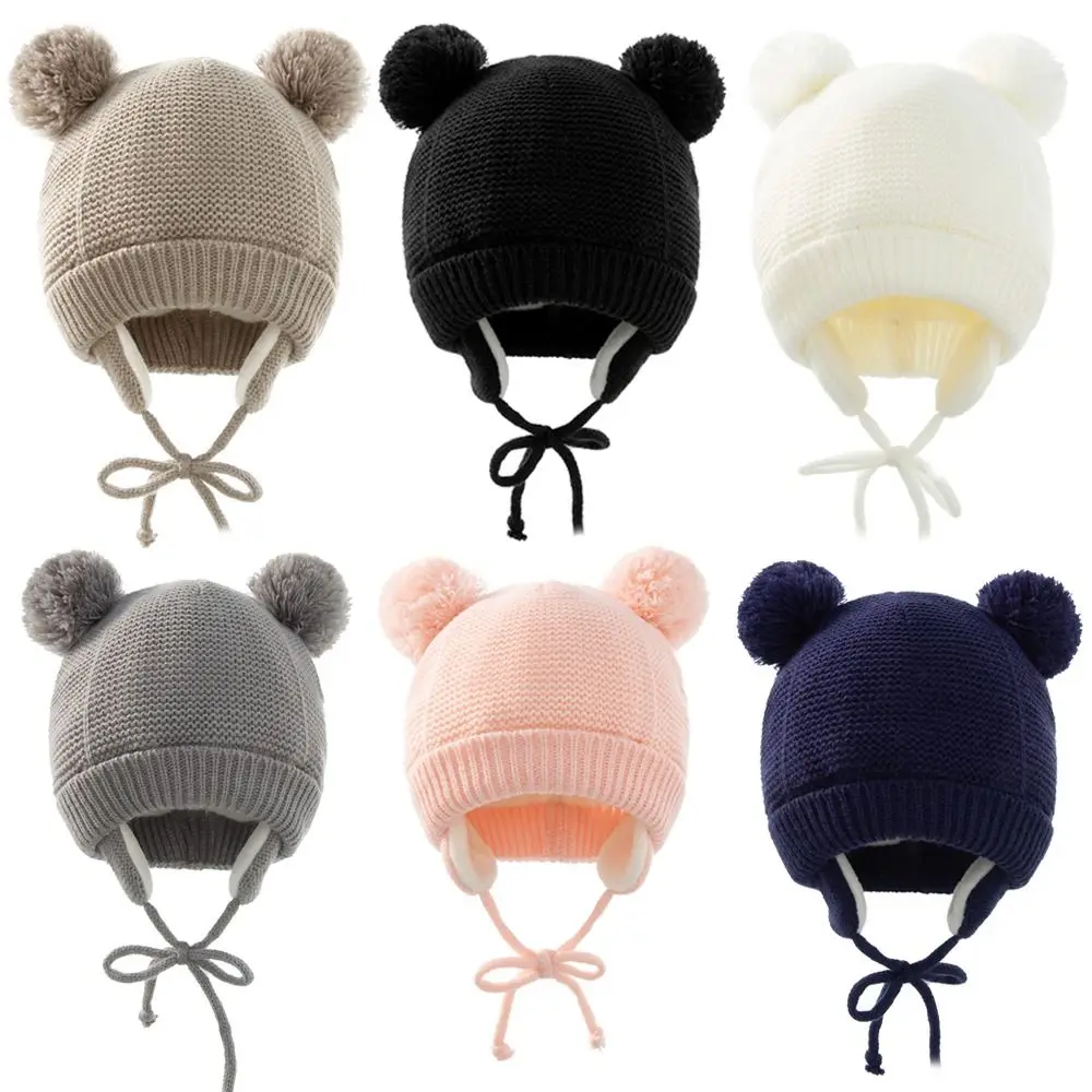 Fashion Fleece Lined Children's Ear Protection Hat With Pom Pom Warm Thicken EarFlaps Hat Windproof Warm Cap 1-4 Years