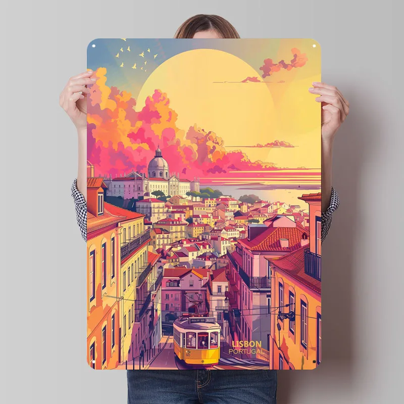 Закат в Лисбоне, постер Португалии, винтажные металлические пластины, ретро металлическая вывеска на заказ для настенного художественного украшения, украшения для домашнего декора