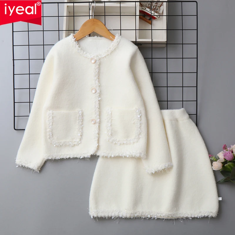 IYEAL 7-12Y Girls' 2026 Autumn And Winter New Sweater Cardigan+Short Skirt Set, Elegant Two-Piece Sweater Set For Girls