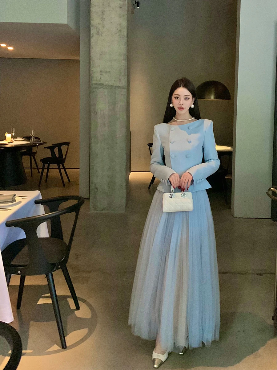 

Модный тяжелый многослойный женский костюм из джата и юбки, весенний сезон, корейский круглый наряд на пуговицах