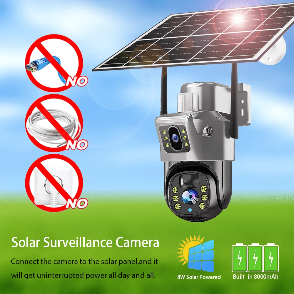 Telecamera di sicurezza esterna ad energia solare WiFi, doppia lente 6MP 4K, movimento PIR, batteria a lunga durata, visione notturna CCTV V380