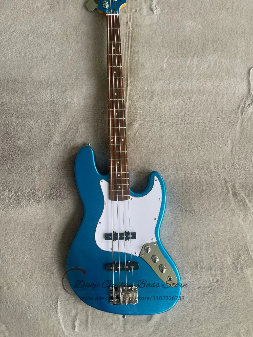 4-string metal blue bass, fixed bridge, solid wood body, maple neck, white pickguard, factory custom-made