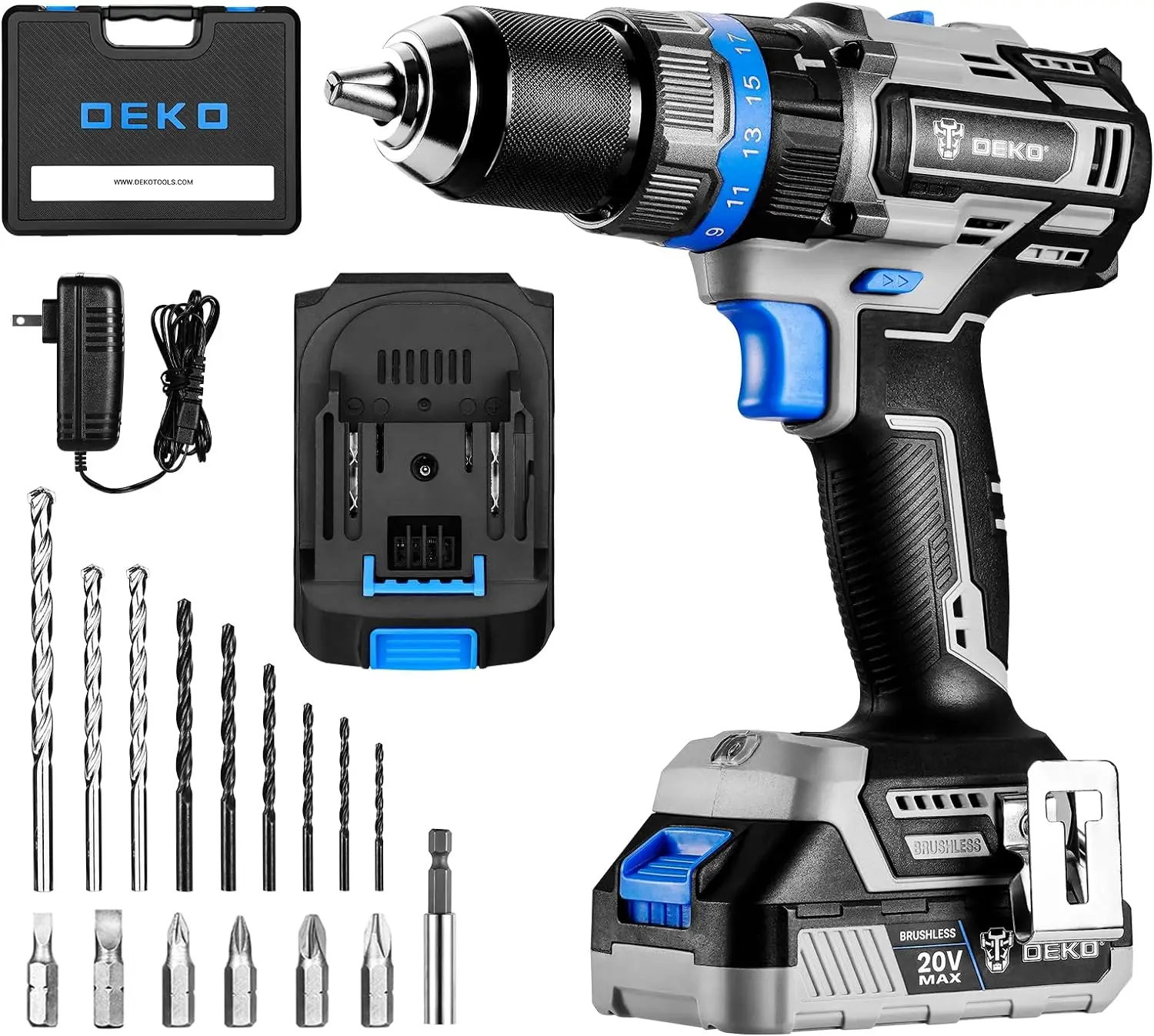 DEKO Hammer Drill 20V Brushless Power Drill Set with Impact Drill,Cordless Drill with Battery and Charger