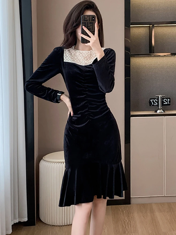 Autumn Winter Black Velvet Patchowrk Diamonds Dress Women Luxury Elegant Chic Ruffled Mermaid Dress 2024 Korean Bodycon Vestidos