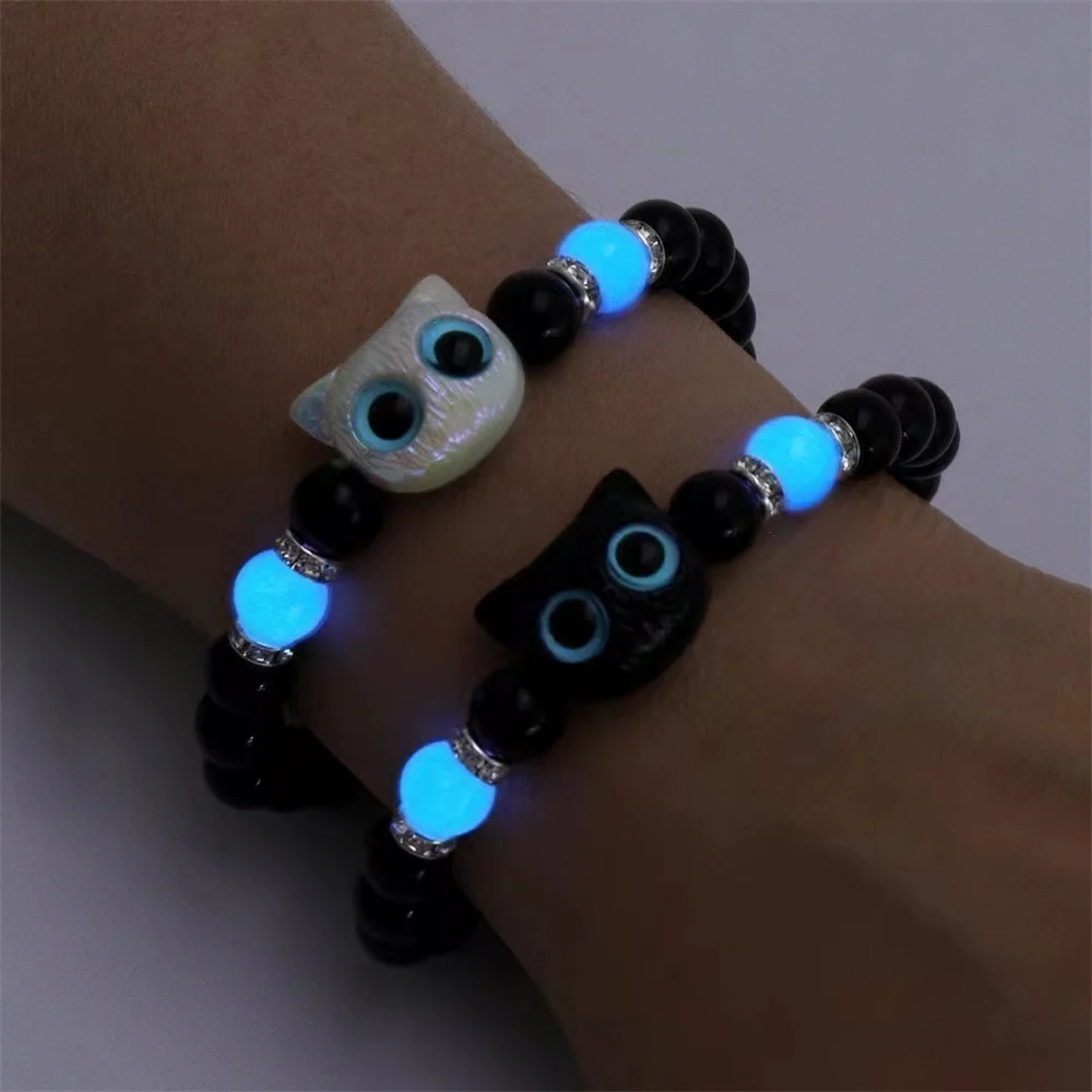 Cute Big Eye Cat Bracelets Glow-in-the-Dark Bracelet For Women Pendant Beaded Hand Chain Friendship Couple Bracelet Jewelry Gift