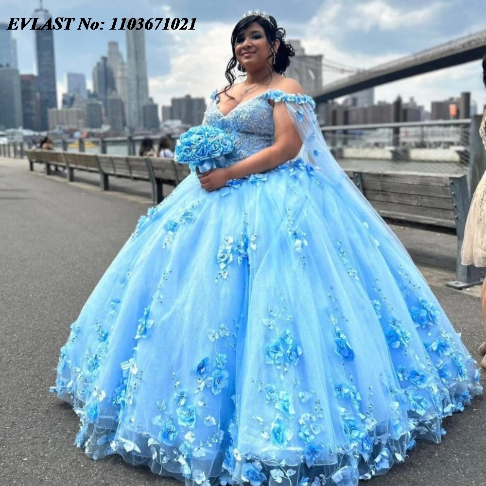 

EVLAST Customized Sky Blue Quinceanera Dress Ball Gown Floral Lace Applique Beads With Cape Sweet 16 Vestidos De 15 Anos SQ511