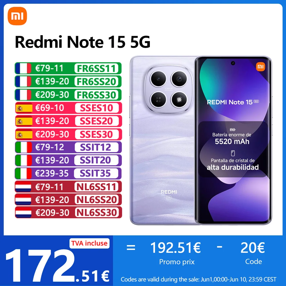 Xiaomi Redmi Note 15 5G,NFC,Écran AMOLED FHD+ de 6.77'',120 Hz,108 MP Caméra,5520 mAh Batterie,IP65