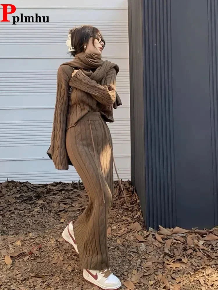 

Korea Vintage Brown Women Knitted 3 Piece Sets Slim Lace-up High Waist Skirts Conjunto With Scarf O-neck Sweater Tops Ensemble