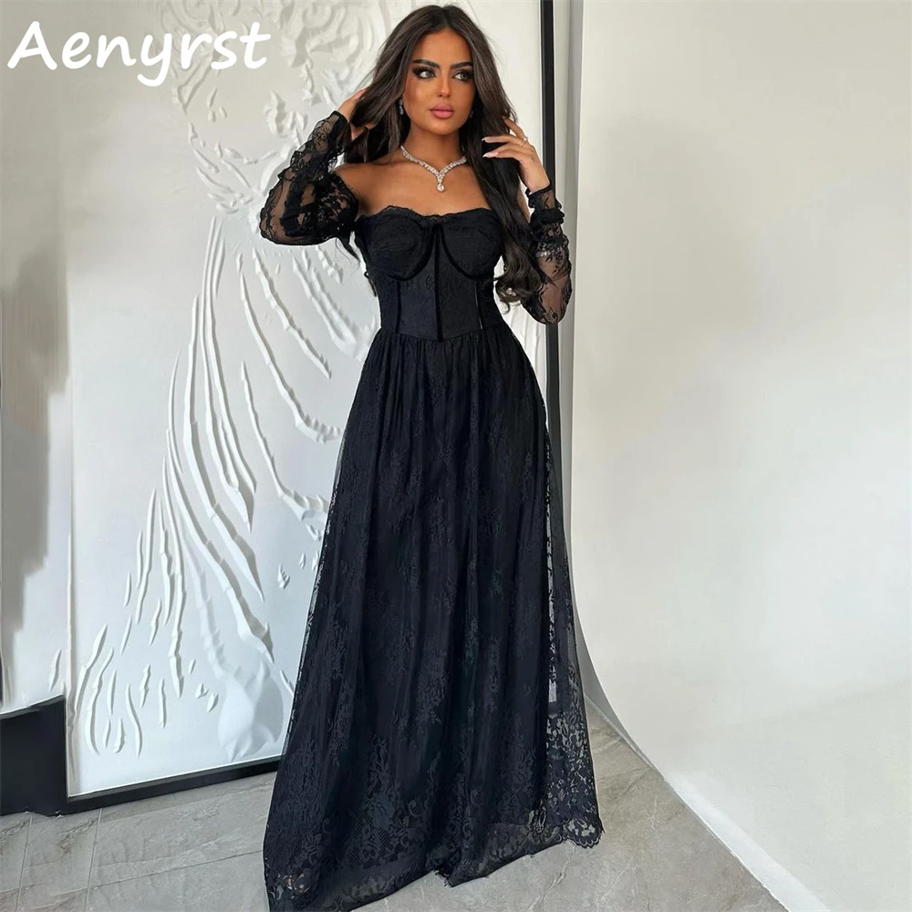 

Aenyrst Black Sweetheart Lace Saudi Arabia Evening Dresses A Line Long Sleeves Prom Ball Gowns Floor Length Dinner Party Dress