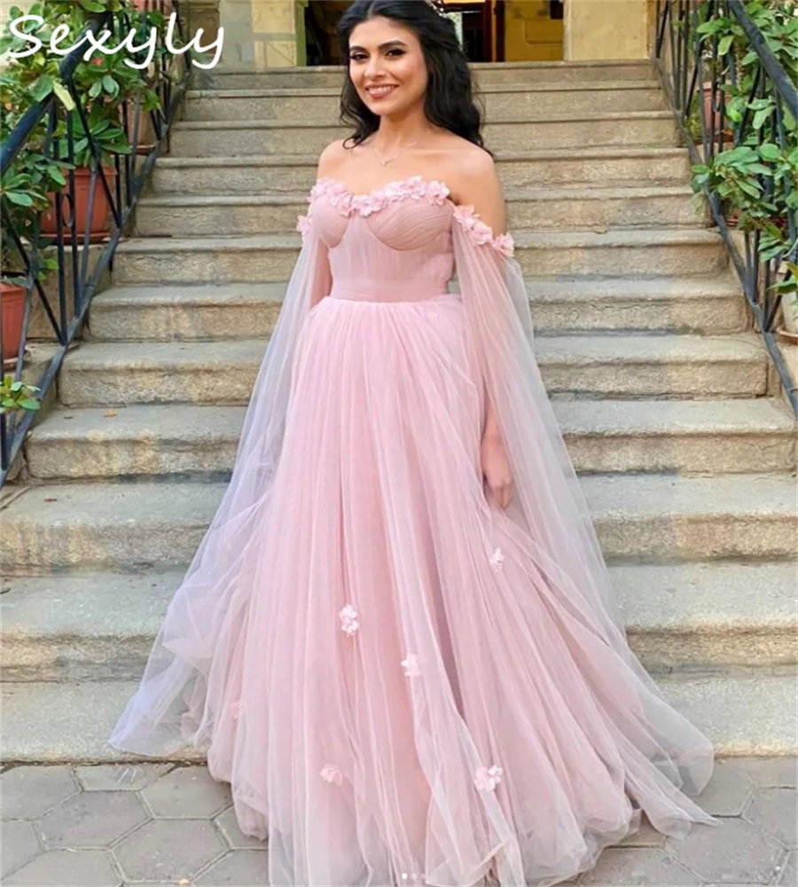 Fairy Pink Evening Dress With Florals Off Shoulders Glamour A Line Tulle Prom Dress Elegant Engagement Formal Party Customized