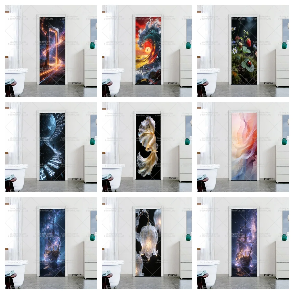 Magical Abstract Fantasy Door Mural Self Adhesive PVC Sticker Galaxy Pirate Ship Goldfish Wave Removable Bedroom Wall Decor