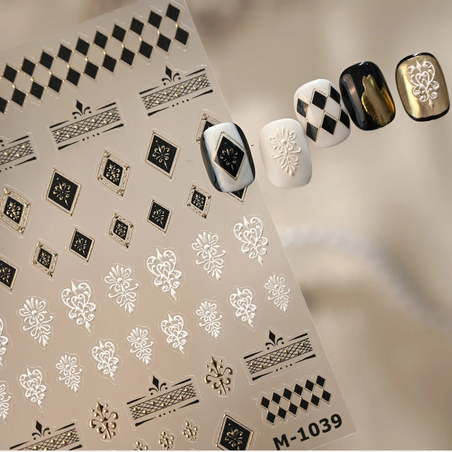 1pcs 5D Black White Plaid Gem Vintage Checkerboard Black Gold Gem White Curl Gold Small Crown Nail Art Stickers Embossed Decals