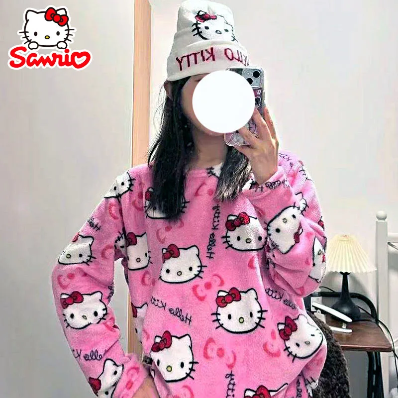 Sanrio Hello Kitty женские пижамы из 2 предметов с героями мультфильмов, однотонные теплые утепленные пуловеры, брюки, женские повседневные милые домашние одежды с принтом, подарок Sanrio Hello Kitty женские пижамы из 2 предметов с героями мультфильмов, однотонные теплые утепленные пуловеры, брюки, женские повседневные милые домашние одежды с принтом, подарок