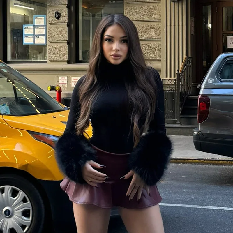 

DSMTRC облегающий черный цельный осенний клубный комбинезон для ночного клуба уличная одежда новый сексуальный пушистый лоскутный боди с рукавами для женщин