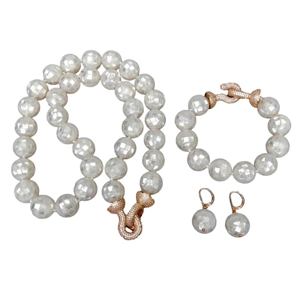 Real White Abalone Shell 16mm Round Faceted Long Necklace Bracelet Earrings Set Cubic Zirconia Pave Clasp