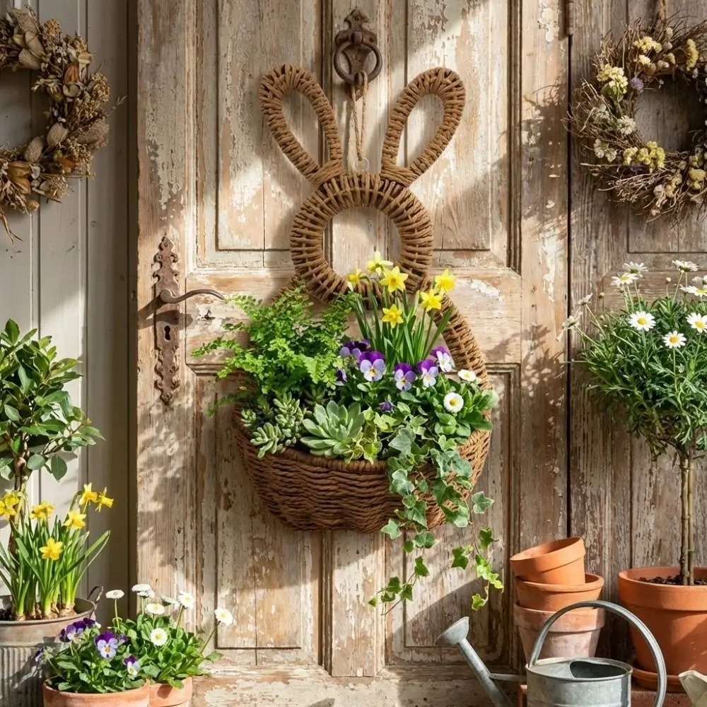 

Hand Woven Easter Bunny Basket Natural Willow Gift Holder Bunny Flower Basket Cute Rabbit Handmade Easter Wall Pocket