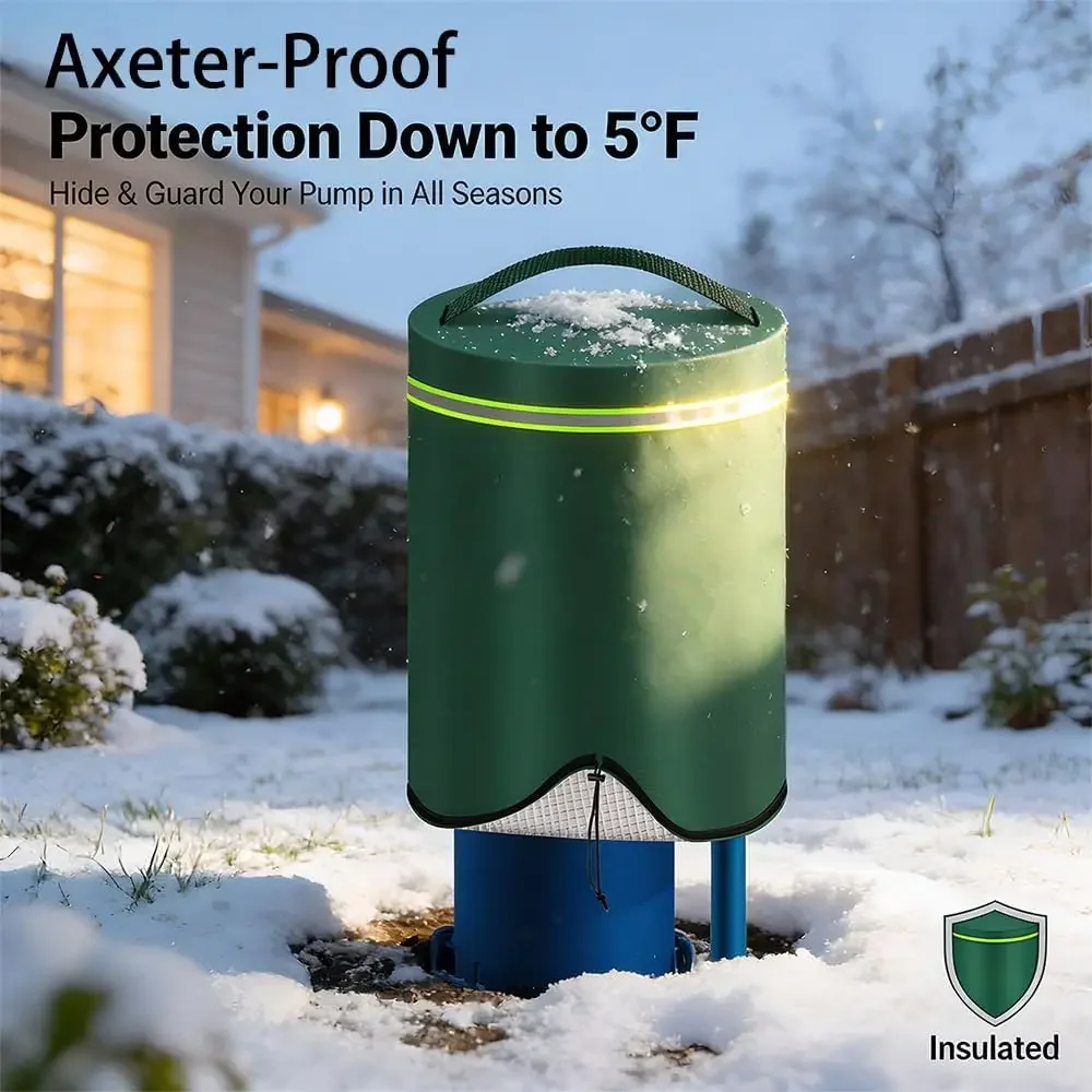 Green Round Well Pump Cover Insulated Waterproof Freeze Proof with Reflective Strips & Handle, Protect Down to 5°F