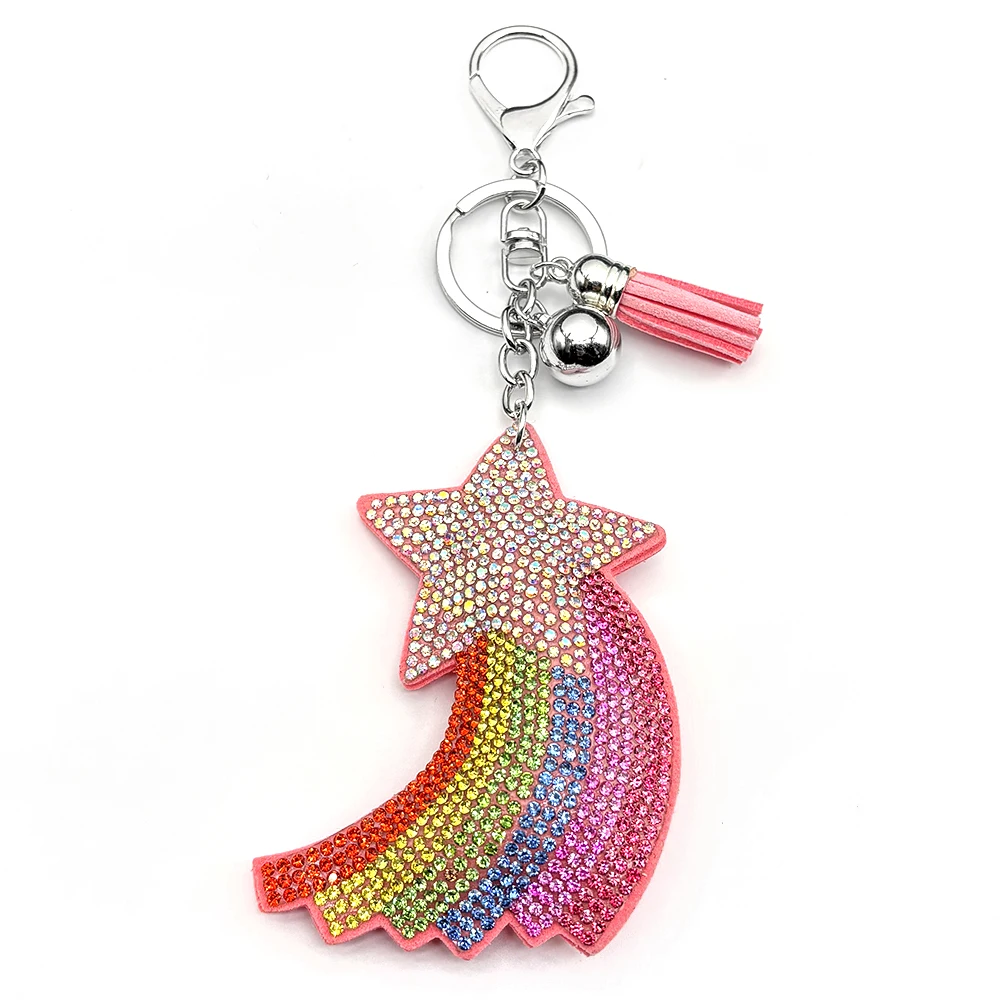 Pink Rainbow Meteor Schlüsselanhänger für Damen und Herren, voller Glitzer, Kristall, modische Rucksack-Dekoration, Schmuckgeschenke – Detail 6