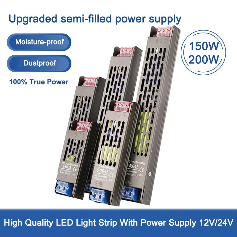 

Silent Slim 150w 200w LED Light Strip Power Supply 12v 24v Low Voltage Transformer LED Light Strip Driver