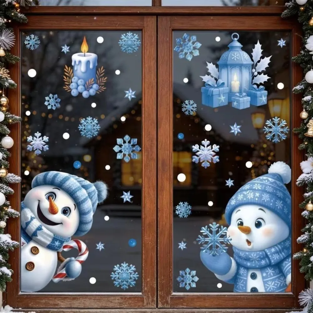 2PCS Santa Snowman Christmas Window Stickers Elk Snowflake Design Static Cling Glass Static Stickers Blue Glue-free