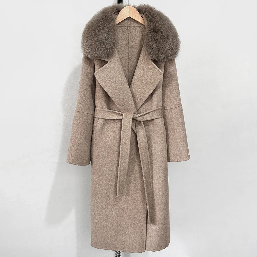 Chaqueta de piel de zorro cálida de lana elegante para mujer, abrigo de lana a la moda, abrigo largo de primavera con cuello de piel auténtica y grande para mujer, abrigo de piel de realidad