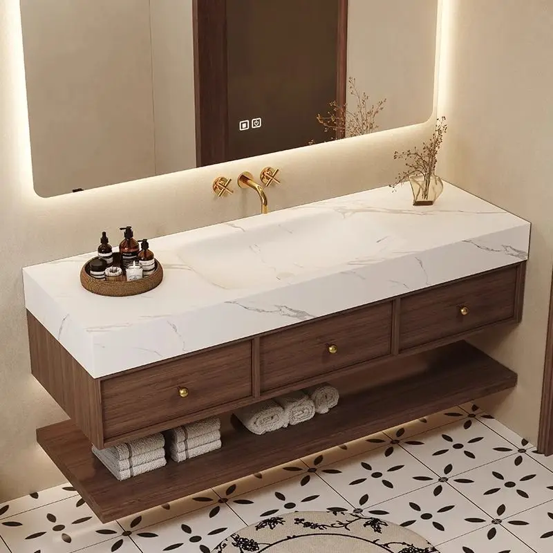 

Medieval style vanity bathroom cabinet combination Corian washbasin rock slab seamless hot bending integrated washbasin hand