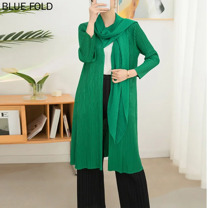 

MIYAKE Pleated Trench Coat for Women Spring and Autumn Fashionable Elegant Design Scarf Collar Cardigan Mid-length Outerwea