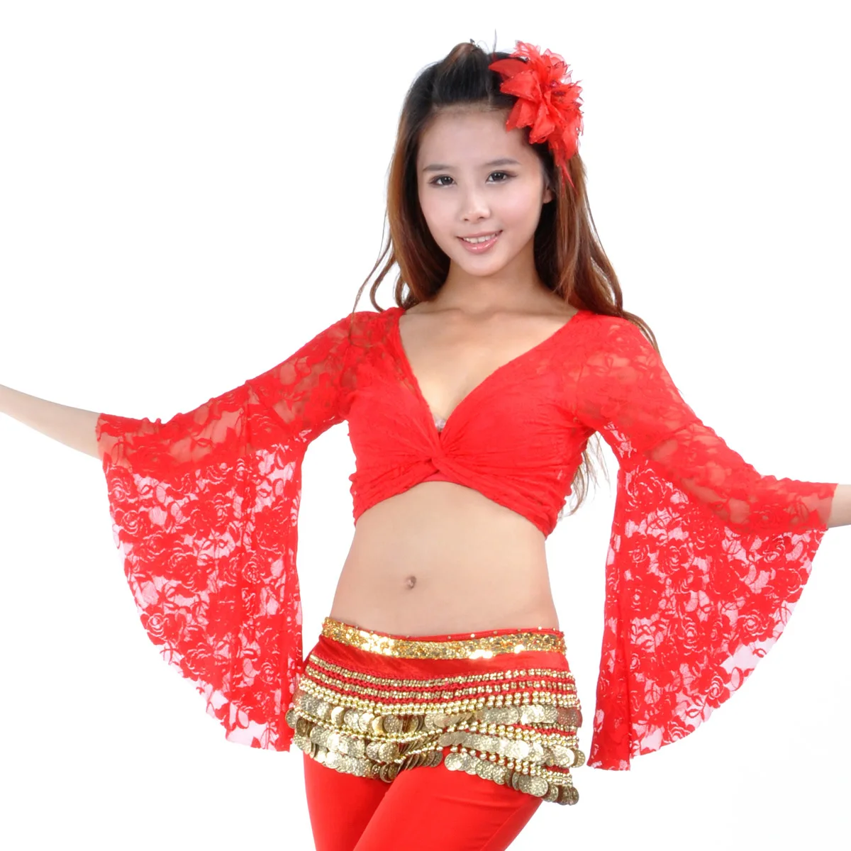 Lace Butterfly Sleeve Tops Belly Dance Costumes Practice Clothes With Delicate Mesh Stage Performance Dance Accessories