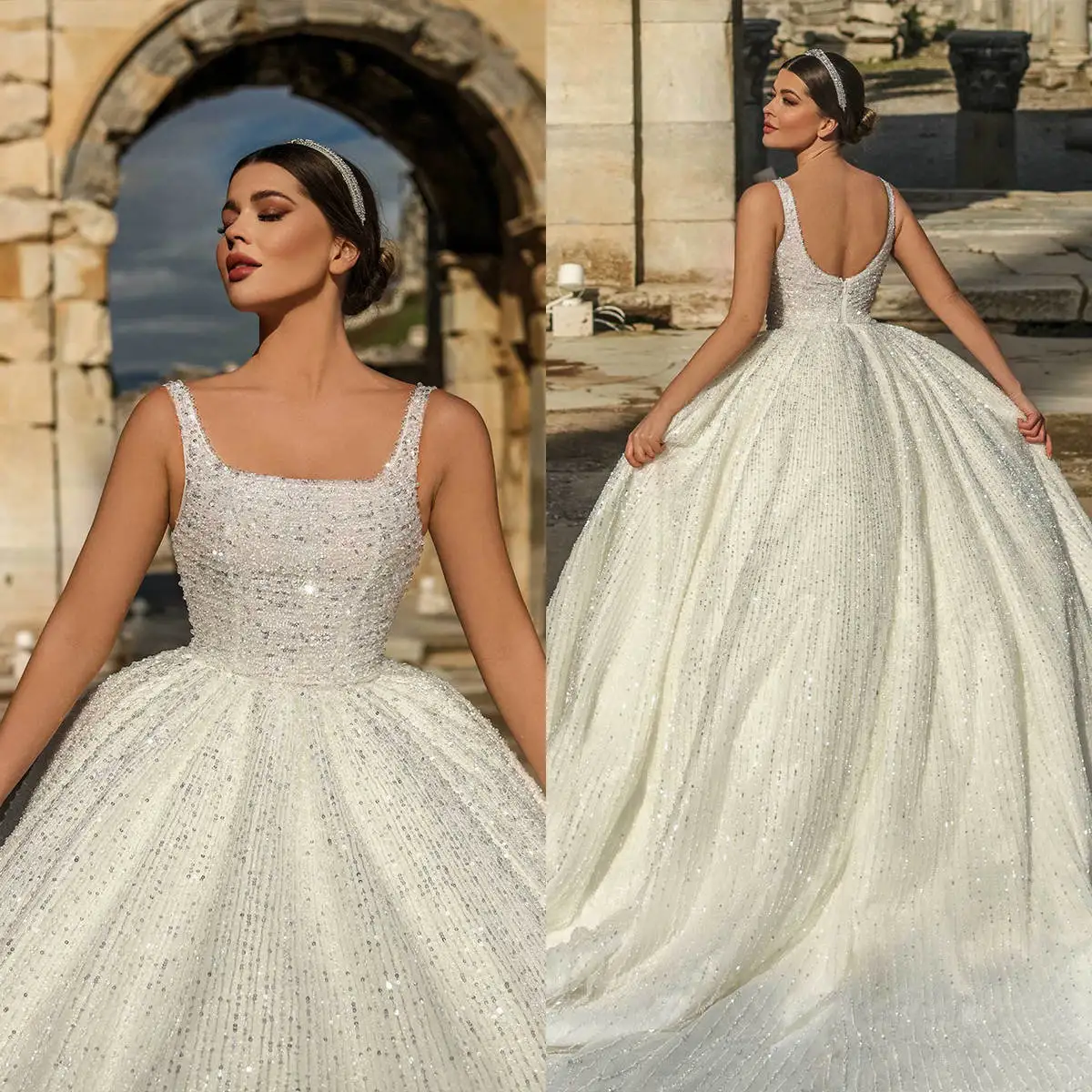 Luxury Ball Gown Wedding Dresses With Veil Shiny Paillette Backless Bridal Gown Cathedral Train Vestidos De Novia Customized