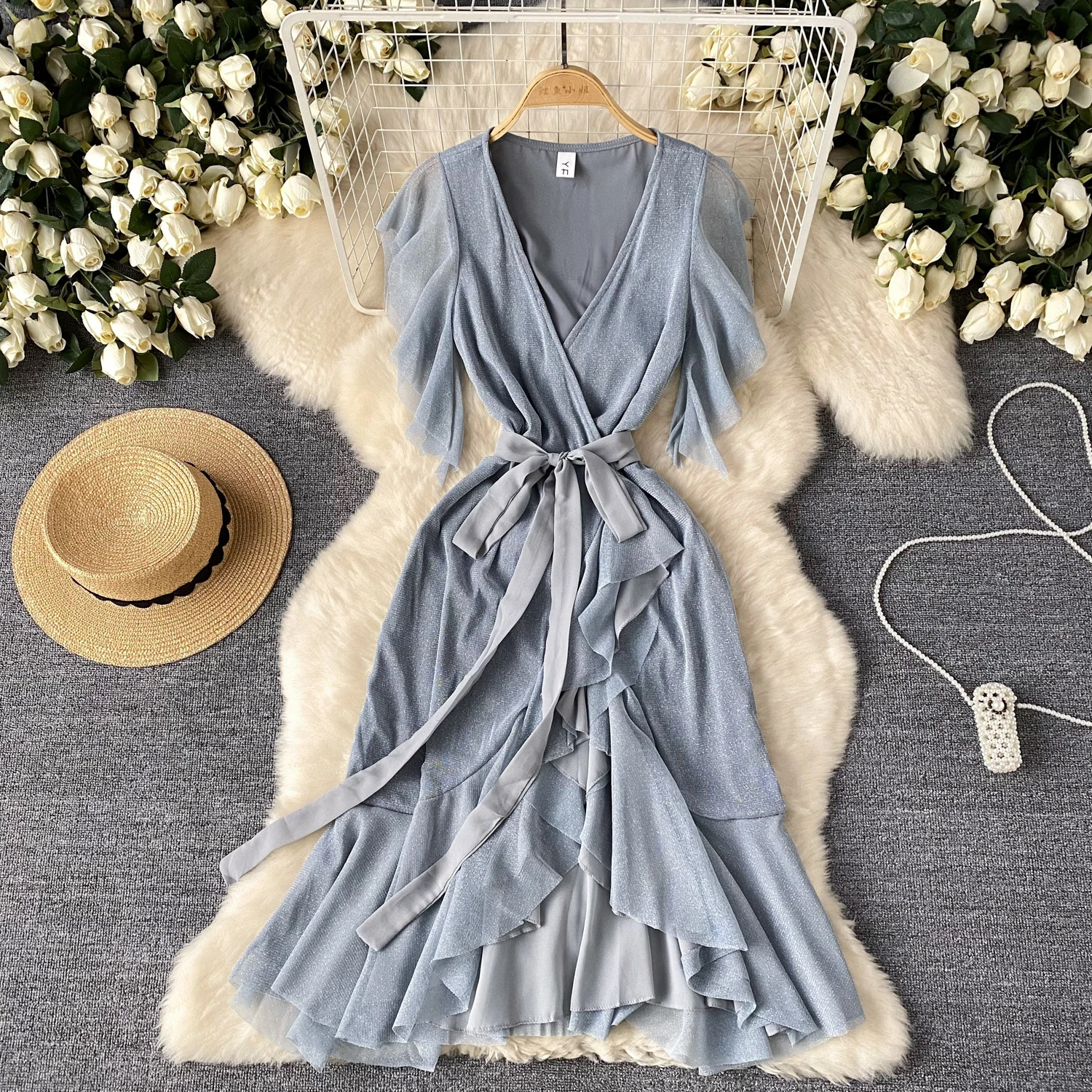 Elegant Sexy pleated asymmetrical High Waist V-neck Short Sleeves Dress Vacation Ruffle Slim Women Party Hip Wrap dresses